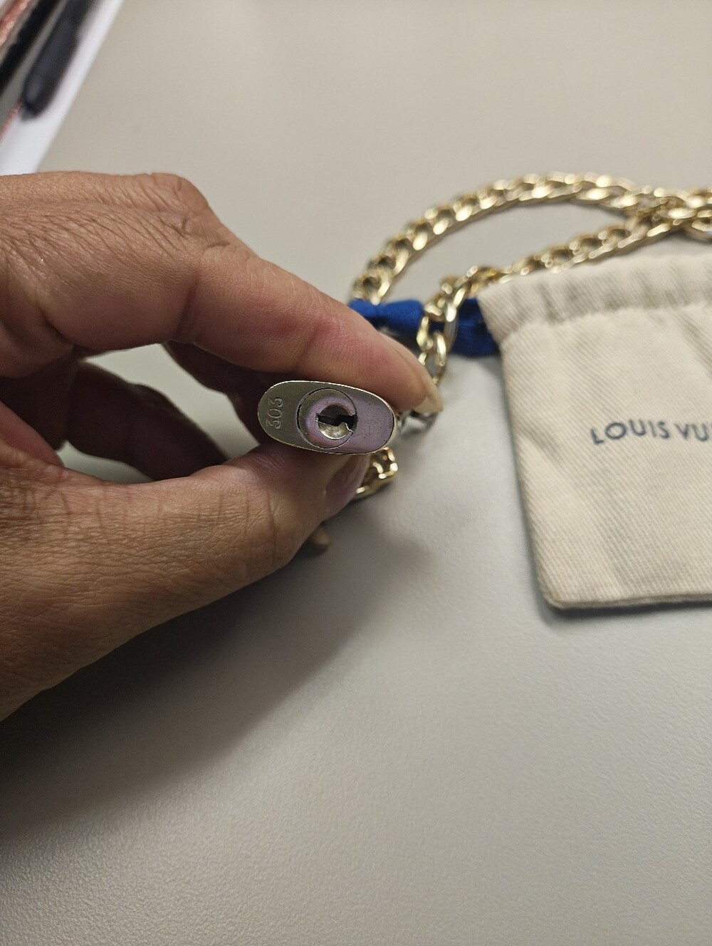 Louis Vuitton Gold Padlock With Chain and Blue Drawstring Pouch #303 - Picture 4 of 5